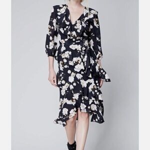 Alice & Olivia Kye Ruffle Floral Print Crepe Midi Dress